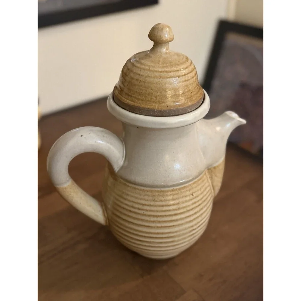 Overland Stoneware Beige/White Glossy Stoneware Coffee Pot w/ Lid & Handle
